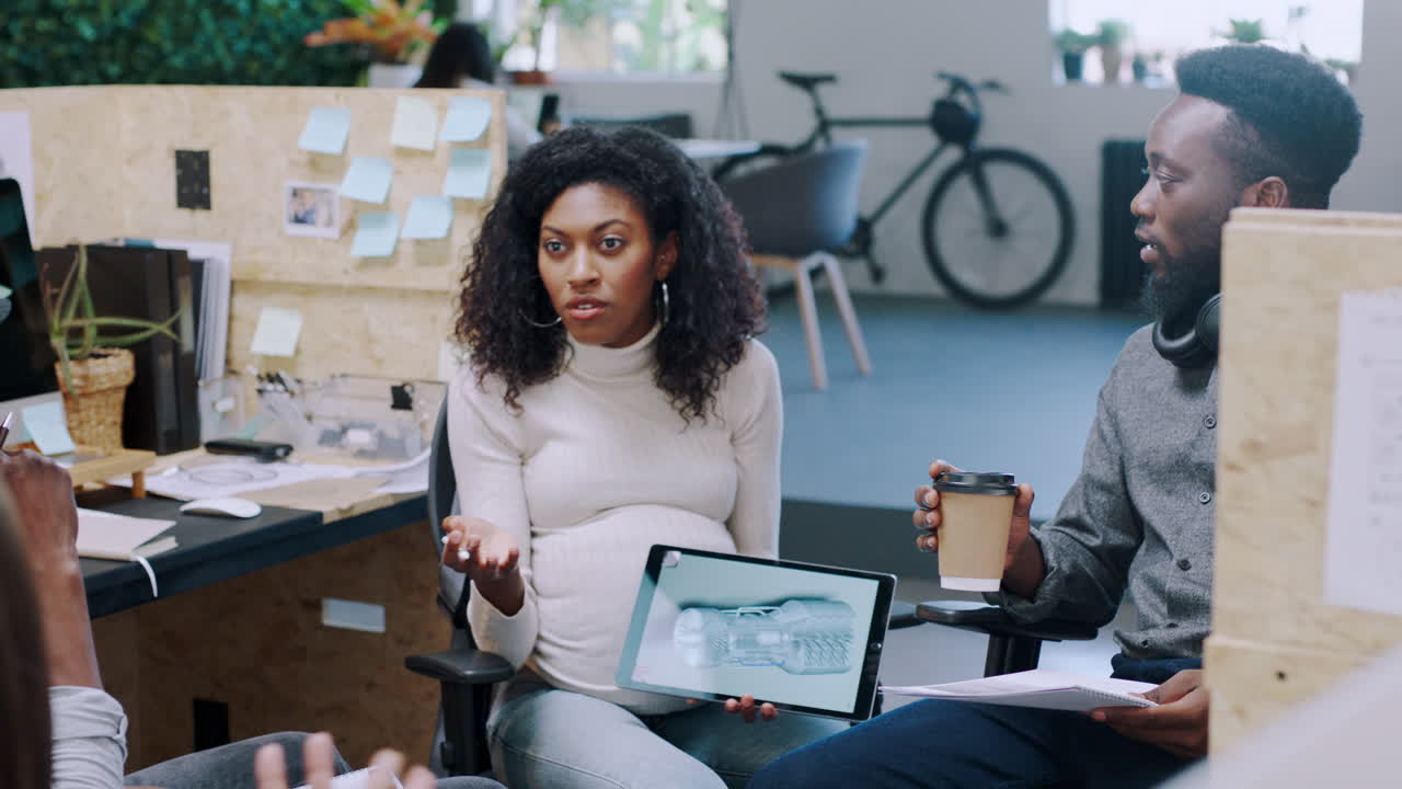 Black woman, tablet and startup with team