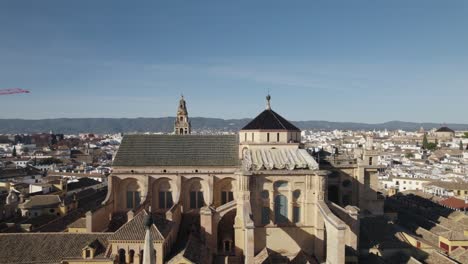 stunning aerial drone pov flying toward mezquita cathedral of cordoba in spain