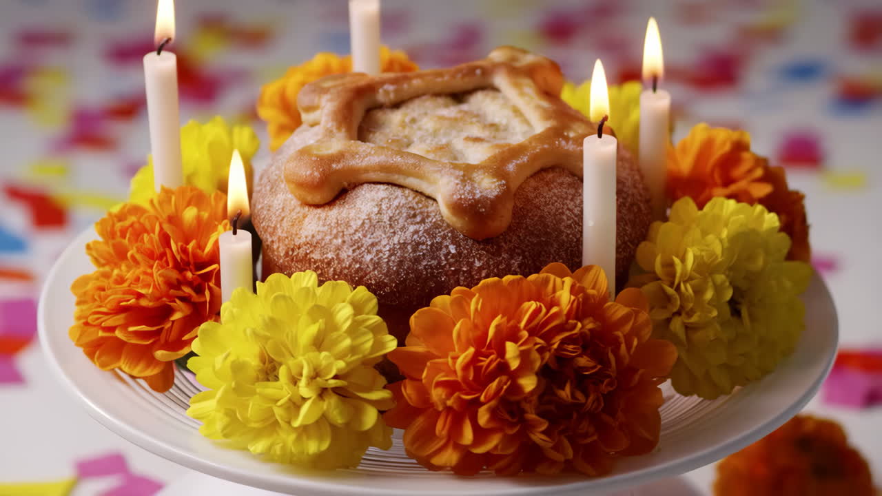 Pan de Muerto with Candles and Flowers