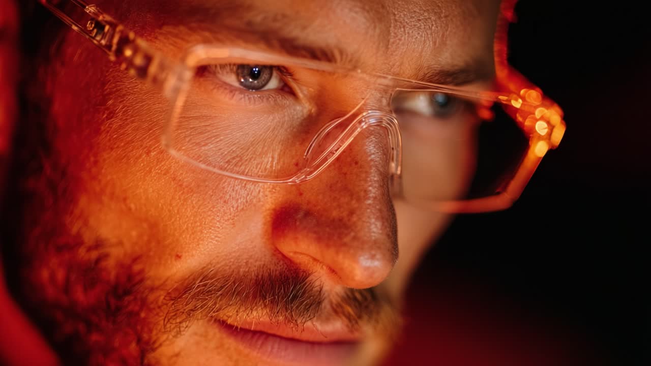 A Close-Up Portrait of a Thoughtful Individual Wearing Safety Glasses, Capturing Intricate Expressions and Reflective Light in a Dimly Lit Environment