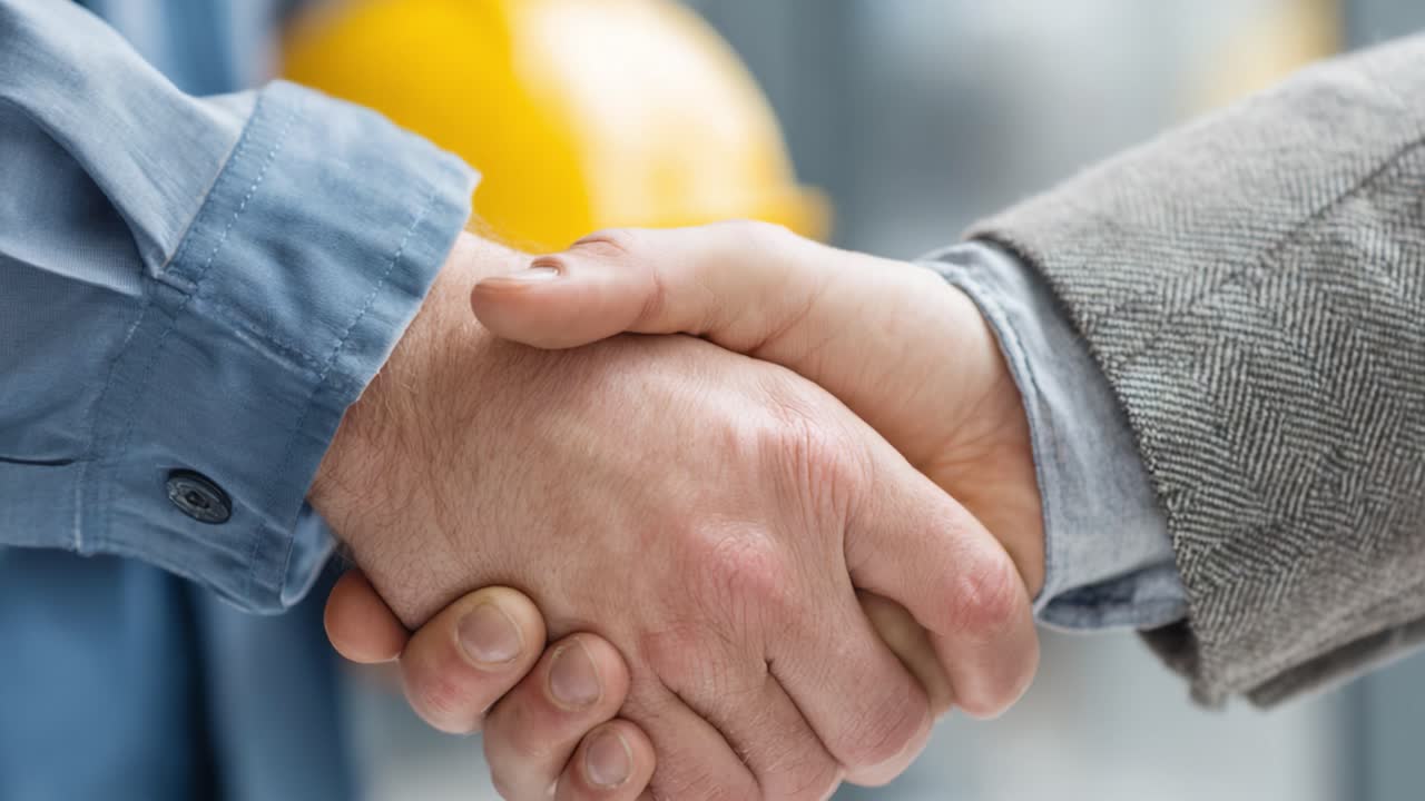 A Professional Handshake Signifies Strong Collaboration and Commitment Between Two Individuals in a Construction-Related Environment, Highlighting Trust and Partnership