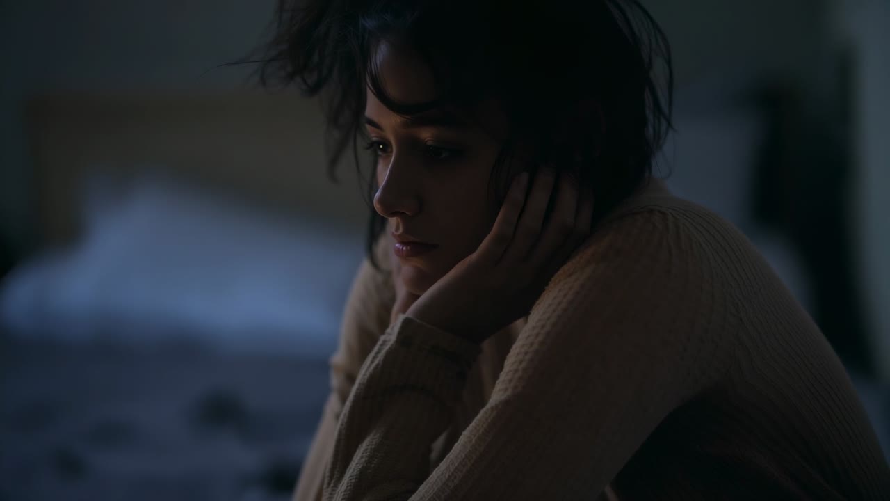 Donna seduta che abbassa lo sguardo, preme la guancia sul palmo della mano a letto per la stanchezza, maglione a coste