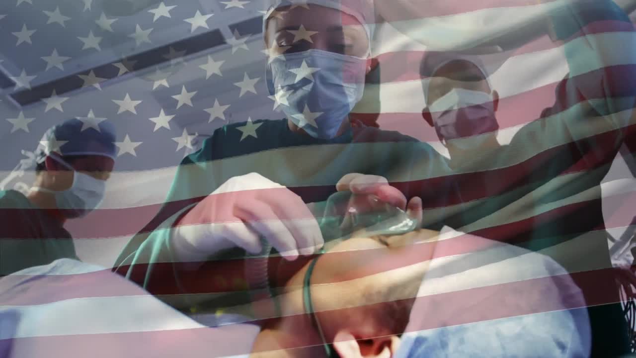 수술실 에서 외과 의사 들 위 에 흔들리는 미국 국기 의 애니메이션