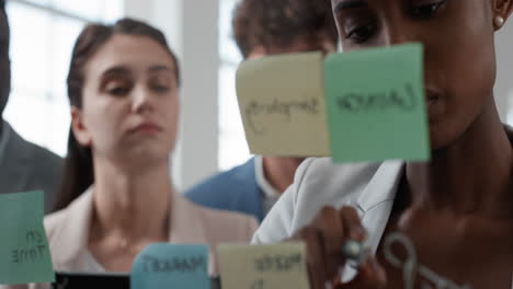 geschäftsleute von unternehmen, die klebe-notizen verwenden, brainstormen, problemlösungsstrategien auf glastafeln, teamleiterin, frau, die die lösung für die projektfrist in der büroversammlung zeigt