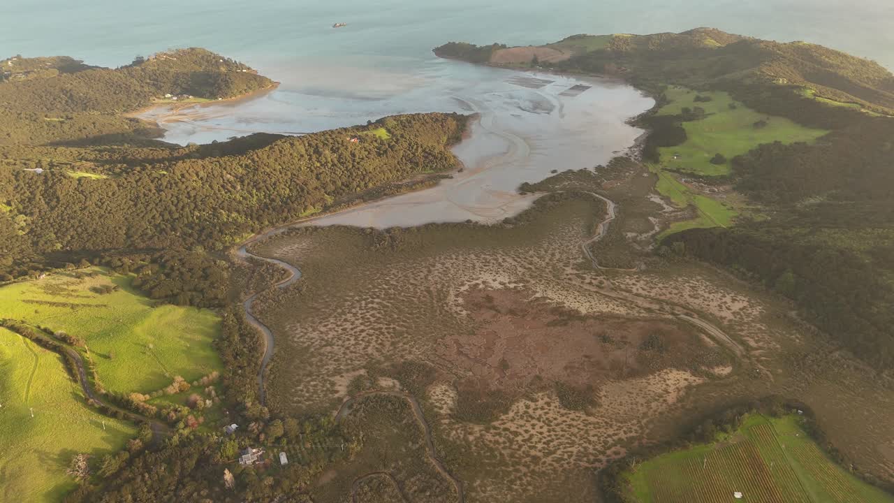 Coastal wetlands and estuary at sunrise or sunset, vast landscape of Waiheke Island, with lush forests and tidal flats, New Zealand. Aerial drone panoramic view