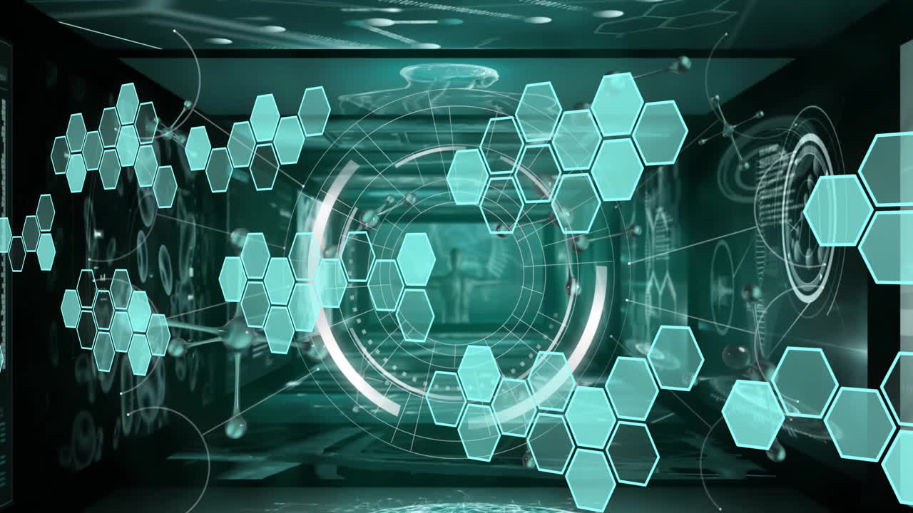 검은색 배경에 스 스캐닝으로 데이터 처리를 통해 육각형과 분자의 애니메이션