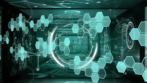 animation of hexagons and molecules over data processing with scope scanning on black background