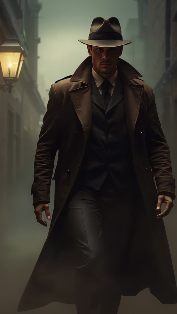 Vertical video: Walking man in fedora approaching camera in foggy alley, zooming, revealing face