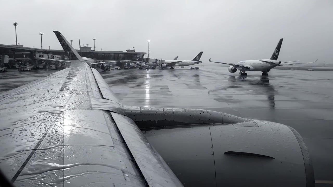 Vista nuvolosa da un finestrino dell'aereo durante il tempo piovoso in un aeroporto, mostrando aerei sul piazzale e superfici bagnate.