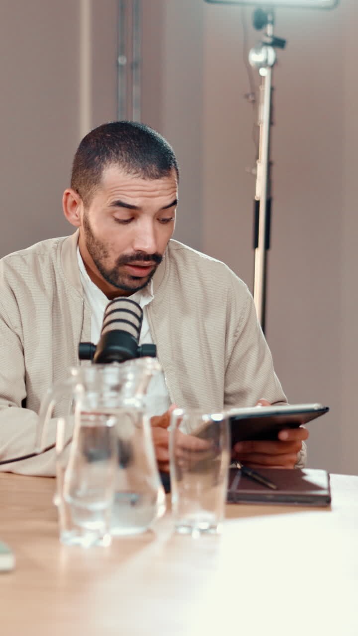 Man recording a podcast with microphone and tablet