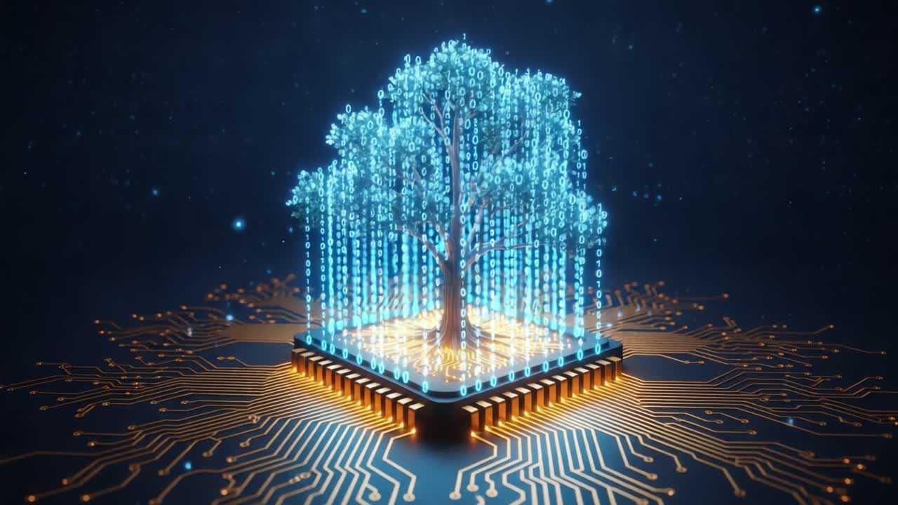 A Digital Tree Thrives on a Circuit Board, Merging Nature and Technology with Glowing Binary Leaves in a Futuristic Realm of Data and Connectivity