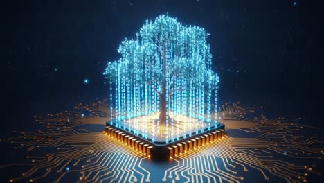 a digital tree thrives on a circuit board, merging nature and technology with glowing binary leaves in a futuristic realm of data and connectivity