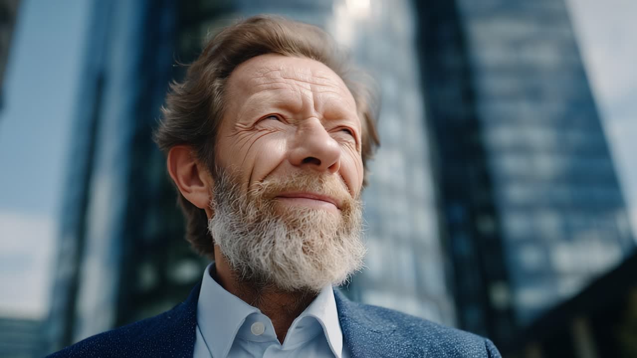 A Thoughtful Man with a Beard Reflects Optimistically Amidst Modern Architecture, Capturing the Essence of Inspiration and Well-Being in a Contemporary Urban Setting