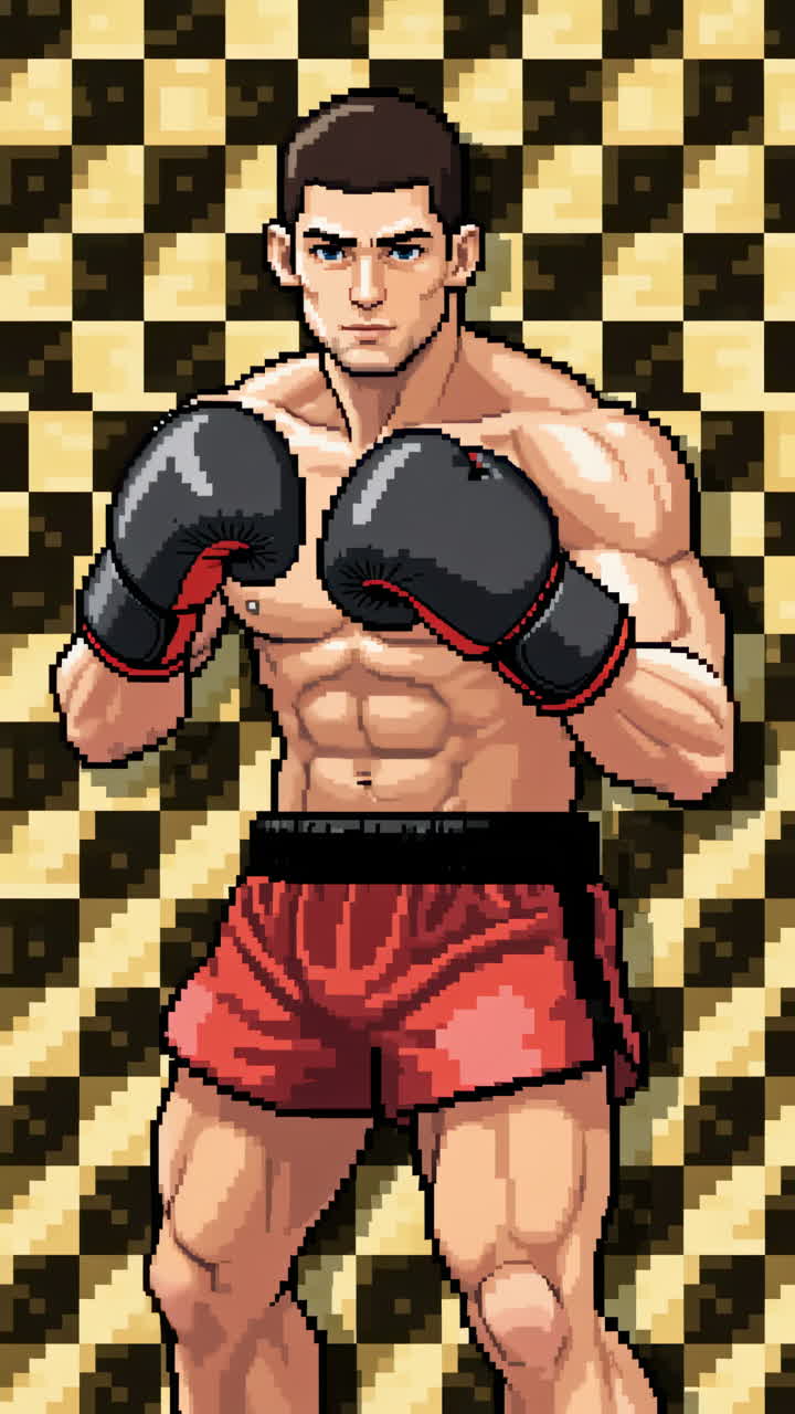 Pixel art of a muscular fighter
