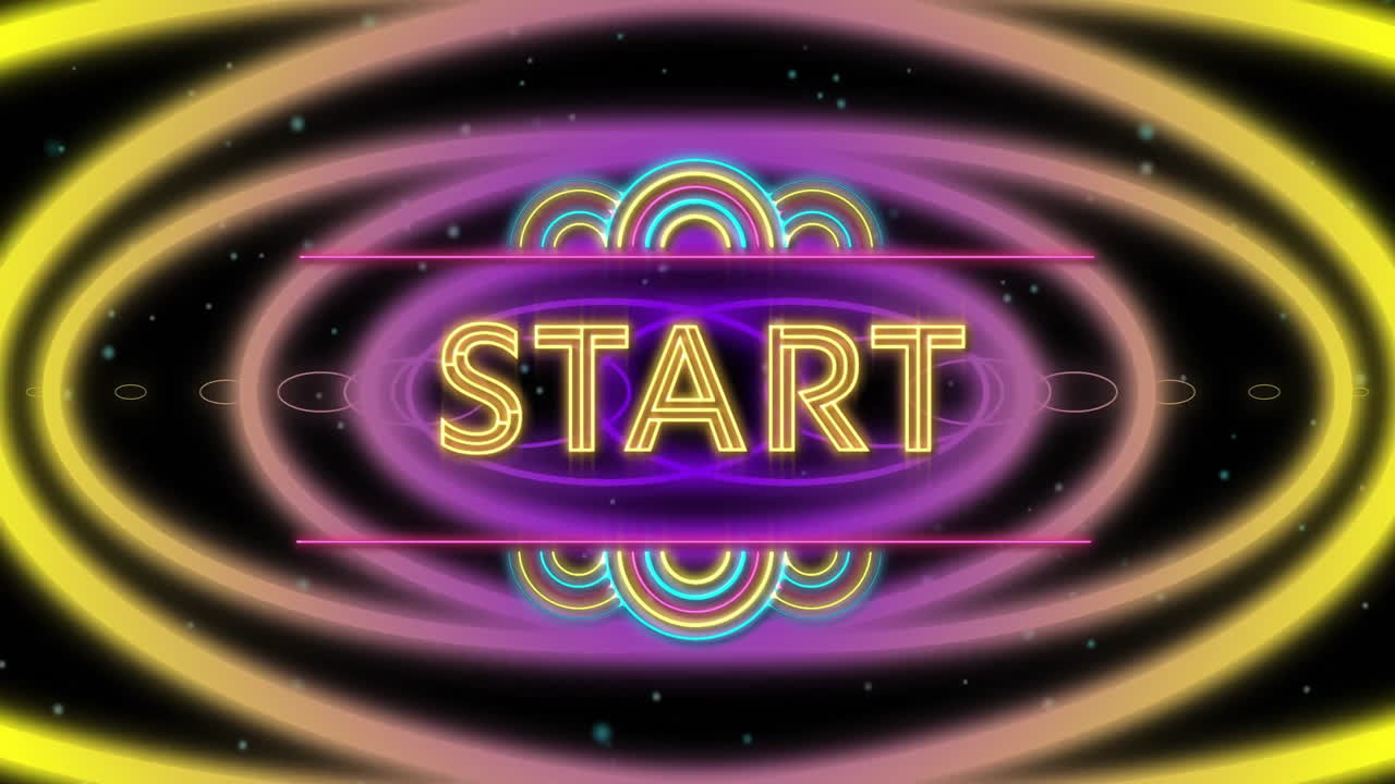 START text animation over colorful concentric circles and glowing lines