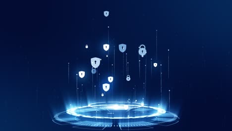 motion graphic of blue security icon connection with rotation of futuristic circle technology abstract background