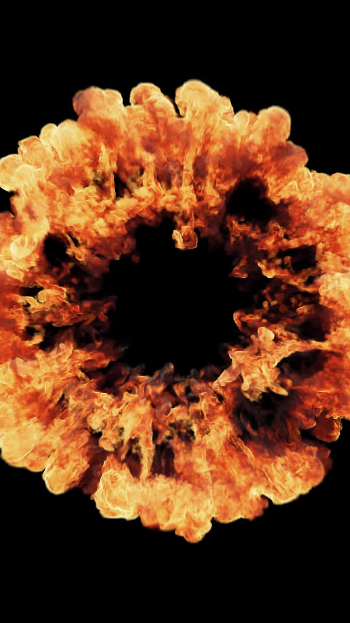 Dynamic Fire Ring Explosion with Dark Smoke on Black