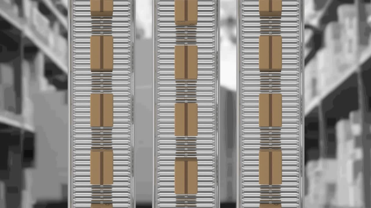 창고 위에서 컨베이어 벨트에 움직이는 카드보드 상자의 애니메이션