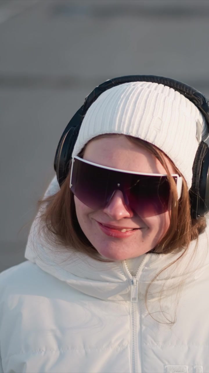 Woman wearing white puffer jacket black headphones and large sunglasses stands outdoors in soft natural light. FUTURE text is visible on her coat as woman moves slightly with minimal camera