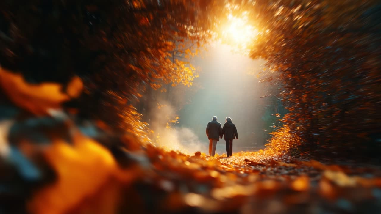 A Serene Stroll Through an Autumnal Canopy as Leaves Flutter and Sunlight Streams Down, Capturing the Essence of a Peaceful Moment Shared Between Two Individuals in Nature