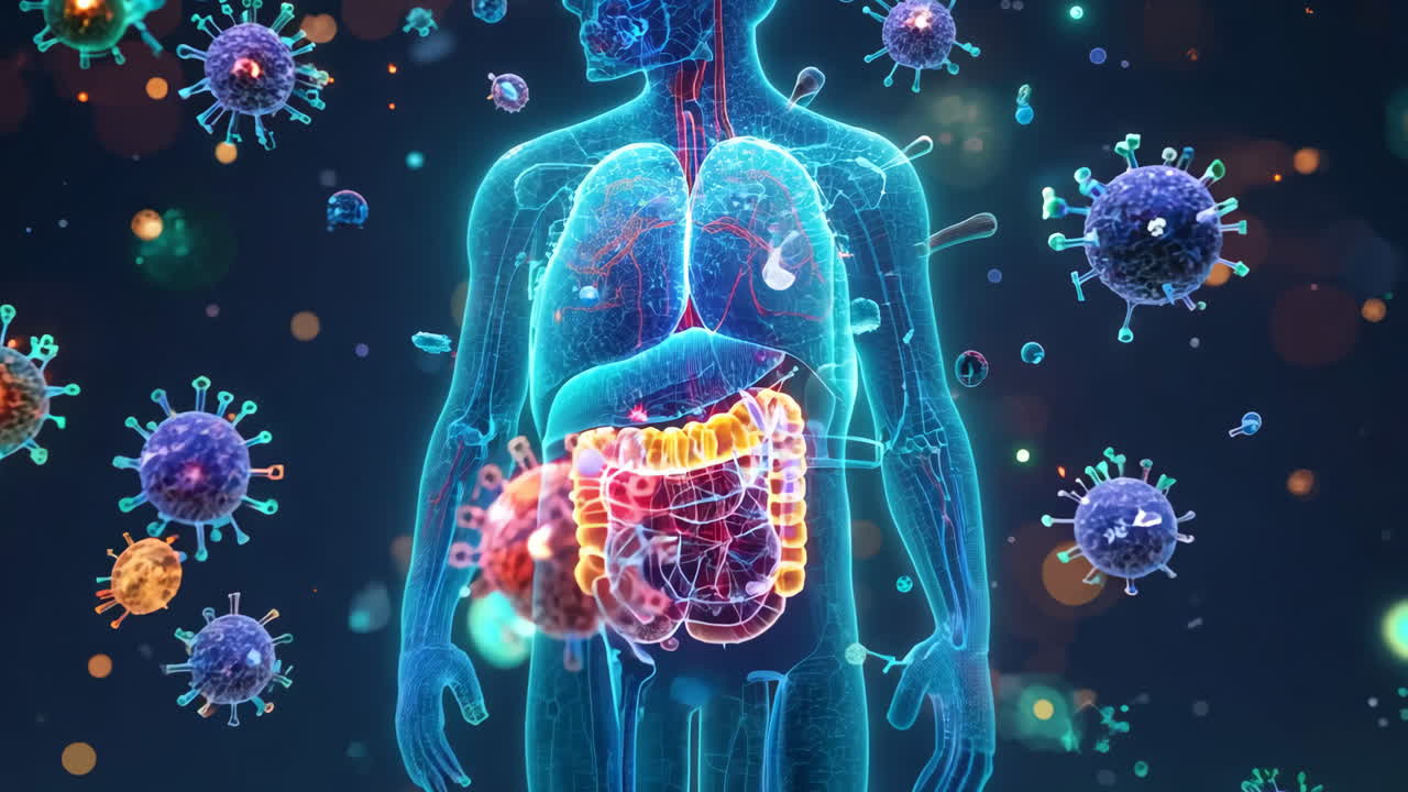 A colorful image of a human body with a virus in the stomach. The image is vibrant and lively, with a sense of urgency and importance