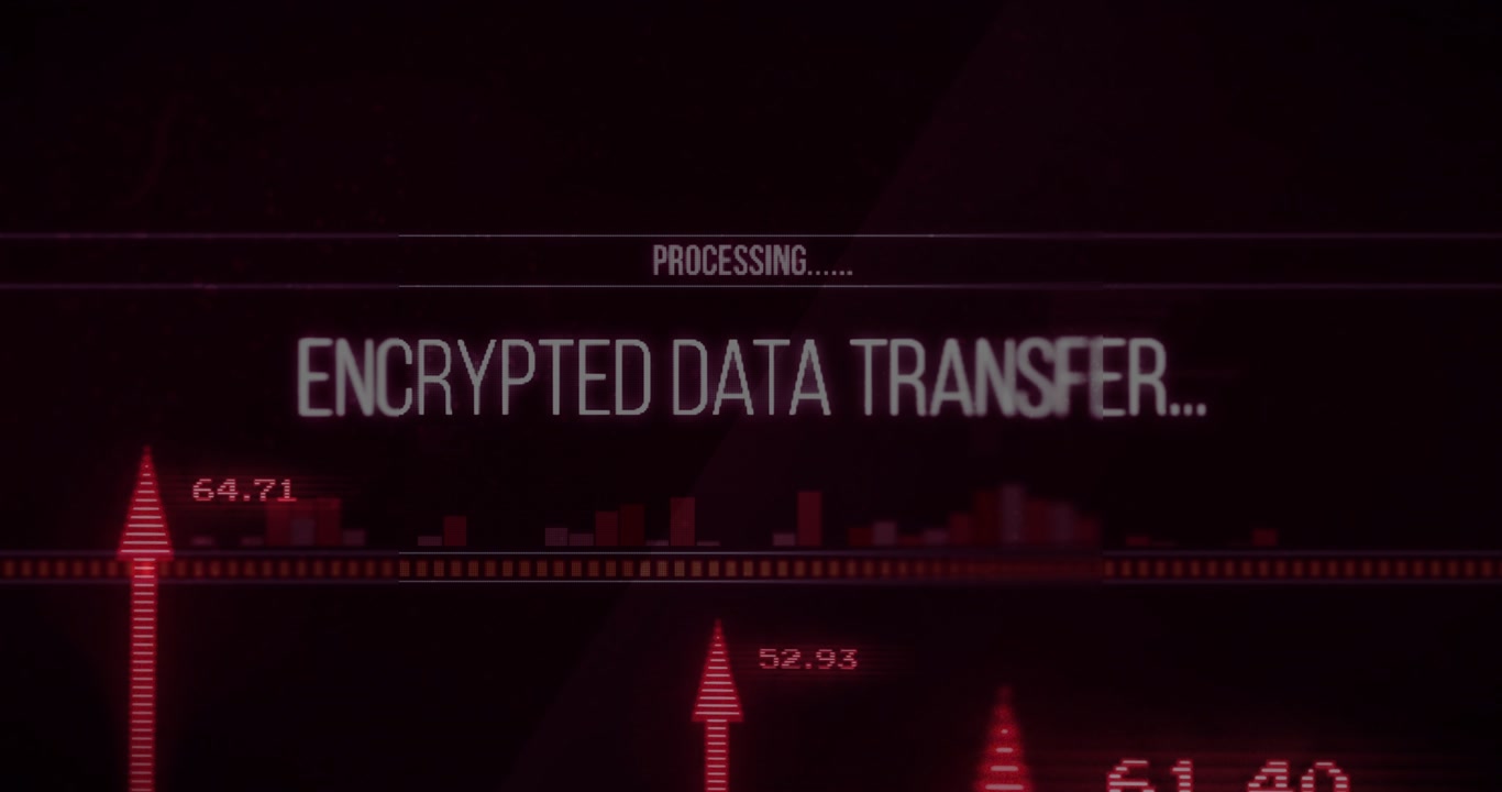 Rising arrows starting ENCRYPTED DATA TRANSFER, headline fading, progress pulsing to show transfer