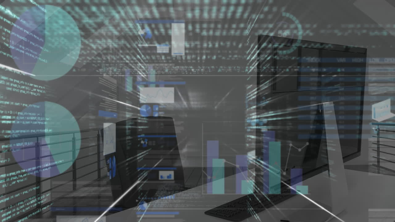 Animation of screens with statistical data processing against empty office