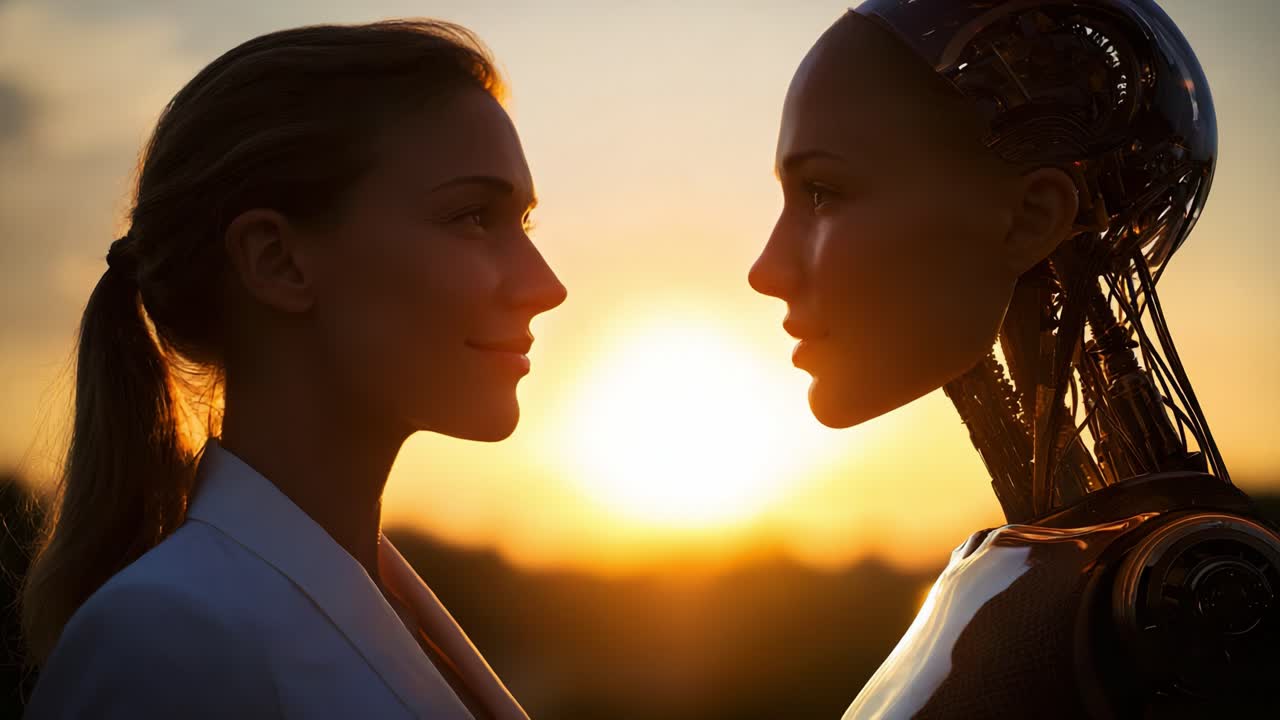 Un incontro stimolante tra l'umanità e l'IA: esplorazione delle connessioni emotive tra due entità distinte al tramonto