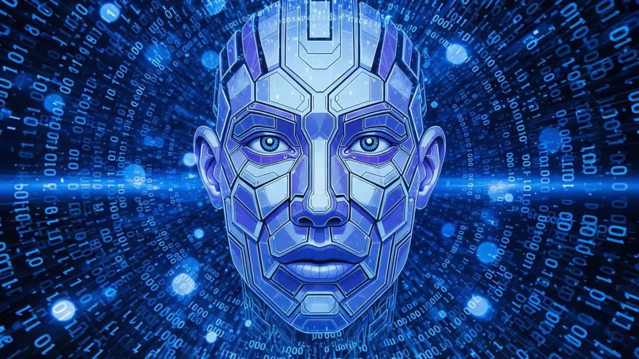 A futuristic digital face of a humanoid robot surrounded by binary code ...