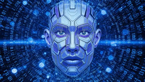 a futuristic digital face of a humanoid robot surrounded by binary code, illustrating the convergence of technology and human-like traits in an abstract representation