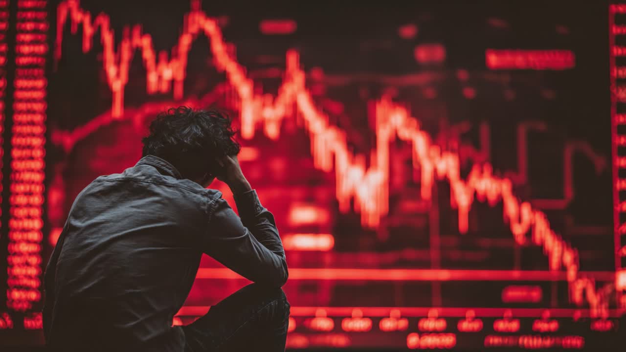 A Pensive Operator Analyzes a Downward Trend on a Financial Chart, Highlighting Market Stress and Emotional Turmoil Amidst Declining Data Representations
