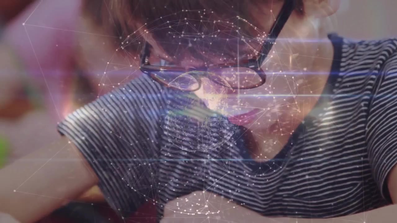 kids with holographic globe overlay, boy raising pencil writing answers with glasses in classroom