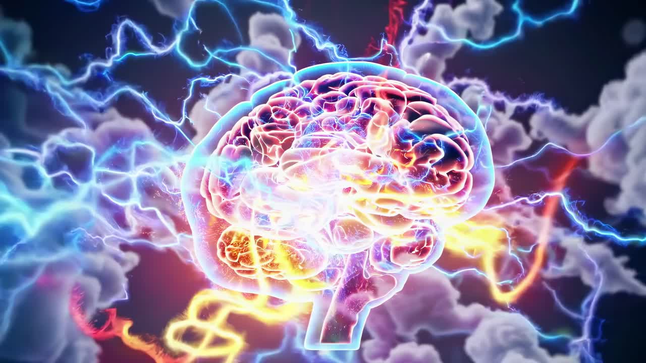 Dynamic video concept of a glowing brain with electric sparks, captured from a frontal angle