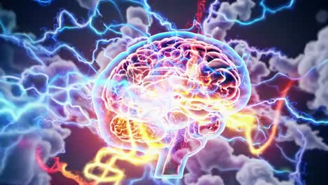 dynamic video concept of a glowing brain with electric sparks, captured from a frontal angle
