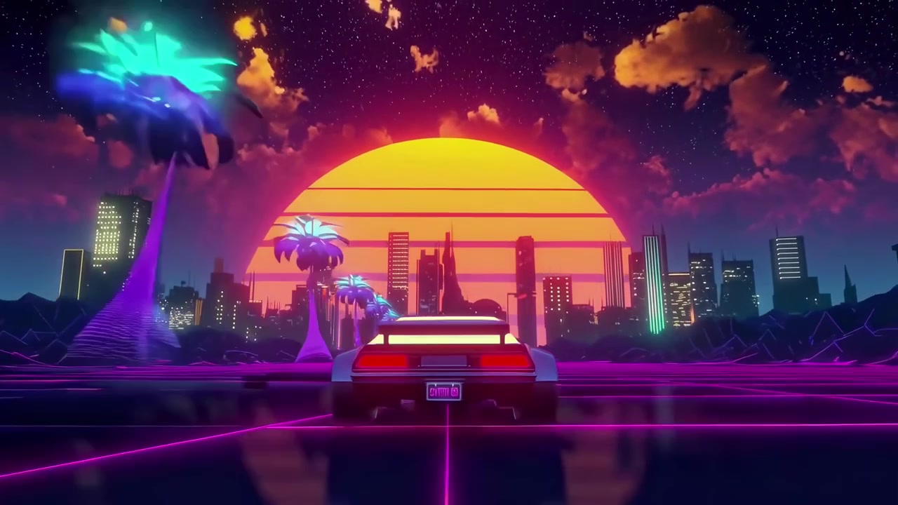Auto Sportiva Retrò che Guida su Strada a Griglia al Neon Verso un Tramonto Cittadino Synthwave