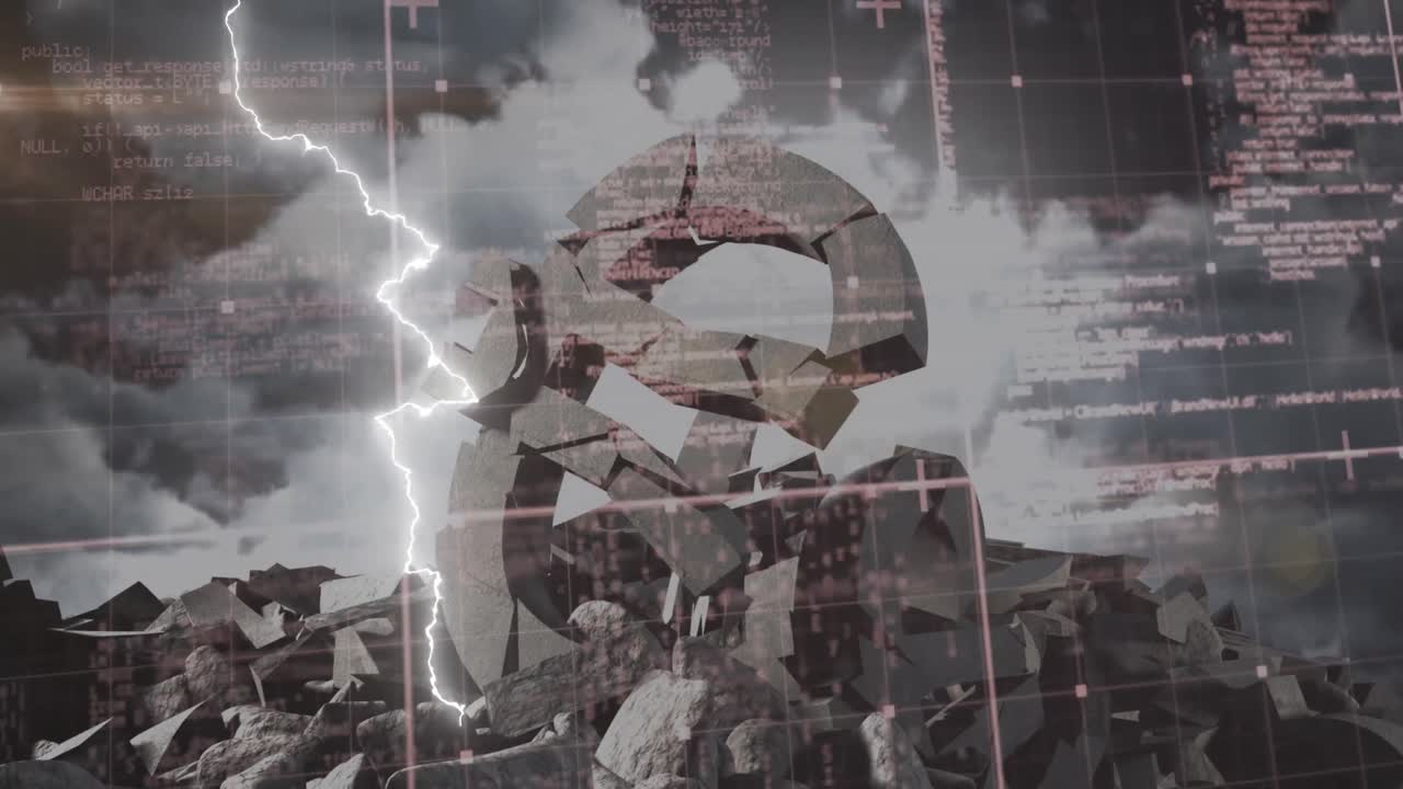composición digital del procesamiento de datos sobre el símbolo del euro roto contra la tormenta eléctrica en el cielo nocturno
