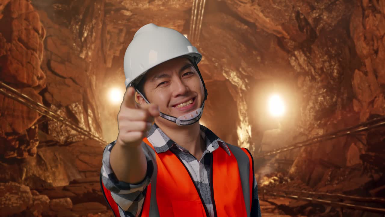 Close Up Of Asian Male Engineer With Safety Helmet Smiling And Touching His Chest Then Pointing At You While Standing In Underground Mine Tunnel