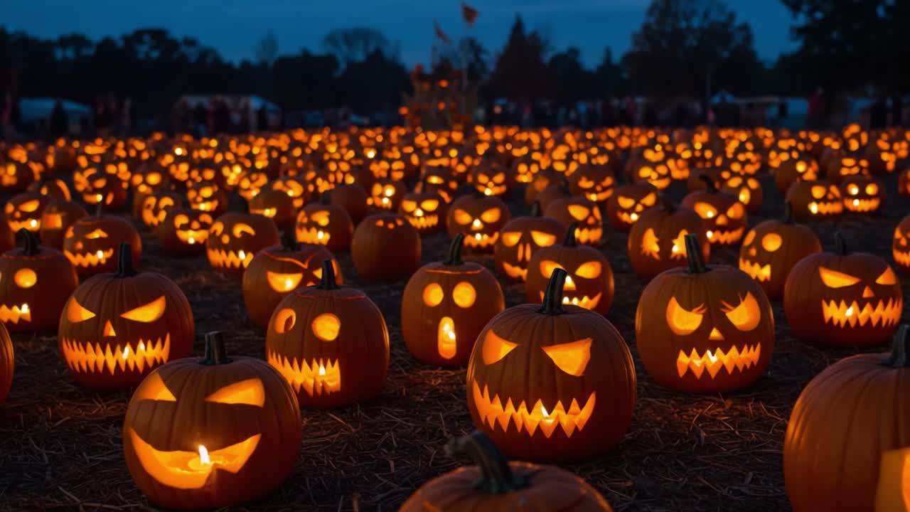 A Spellbinding Display of Illuminated Jack-o'-Lanterns in a Halloween Pumpkin Patch Captivates with Eerie Designs and Warm Glow Under Twilight Skies