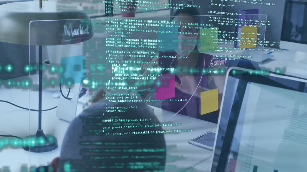 Animation of looping computer language over diverse coworkers wearing mask discussing in office