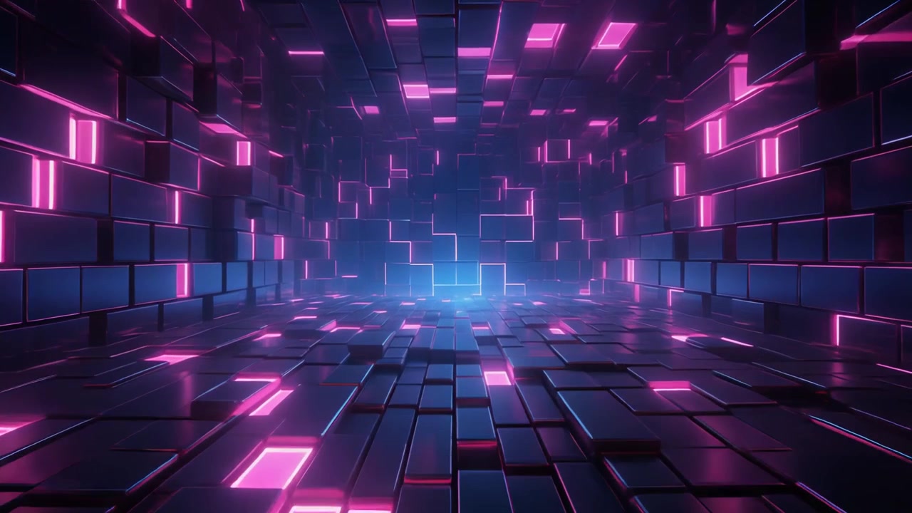 Abstract Futuristic Corridor with Glowing Pink and Blue Neon Lights