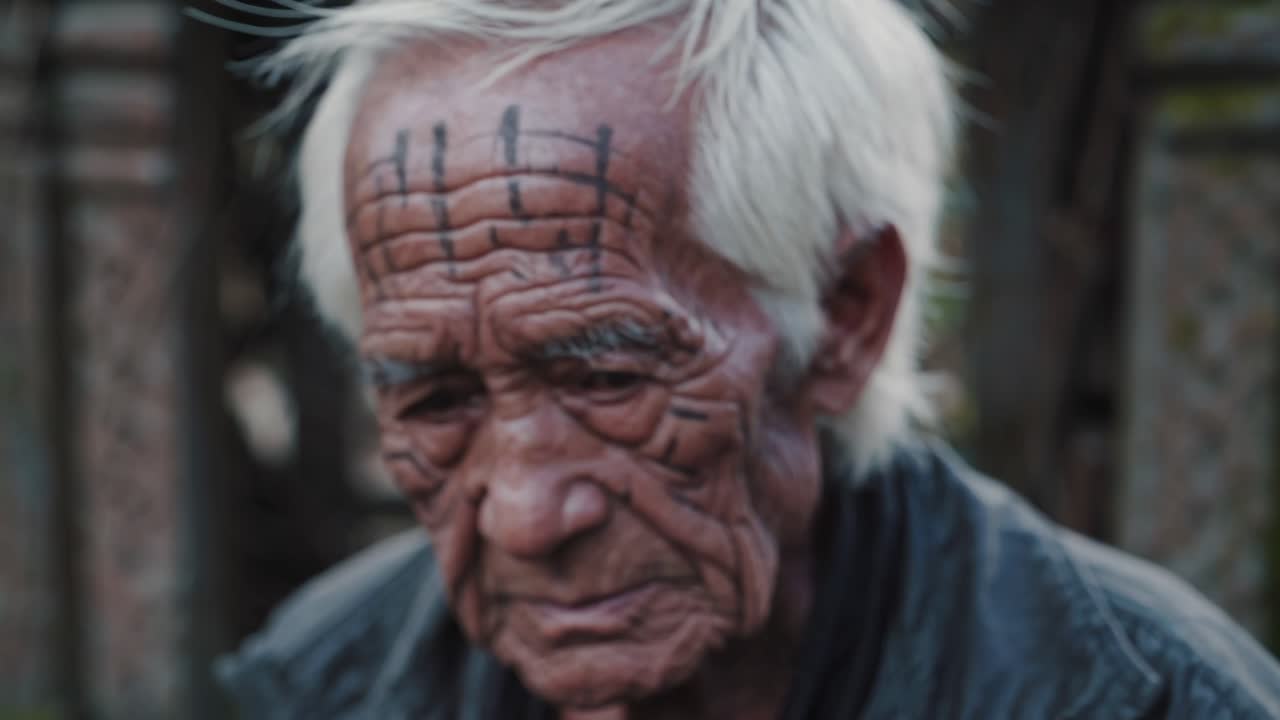 Close up portrait capturing the weathered face of an indigenous elder, adorned with intricate traditional markings, reflecting a lifetime of cultural heritage and wisdom
