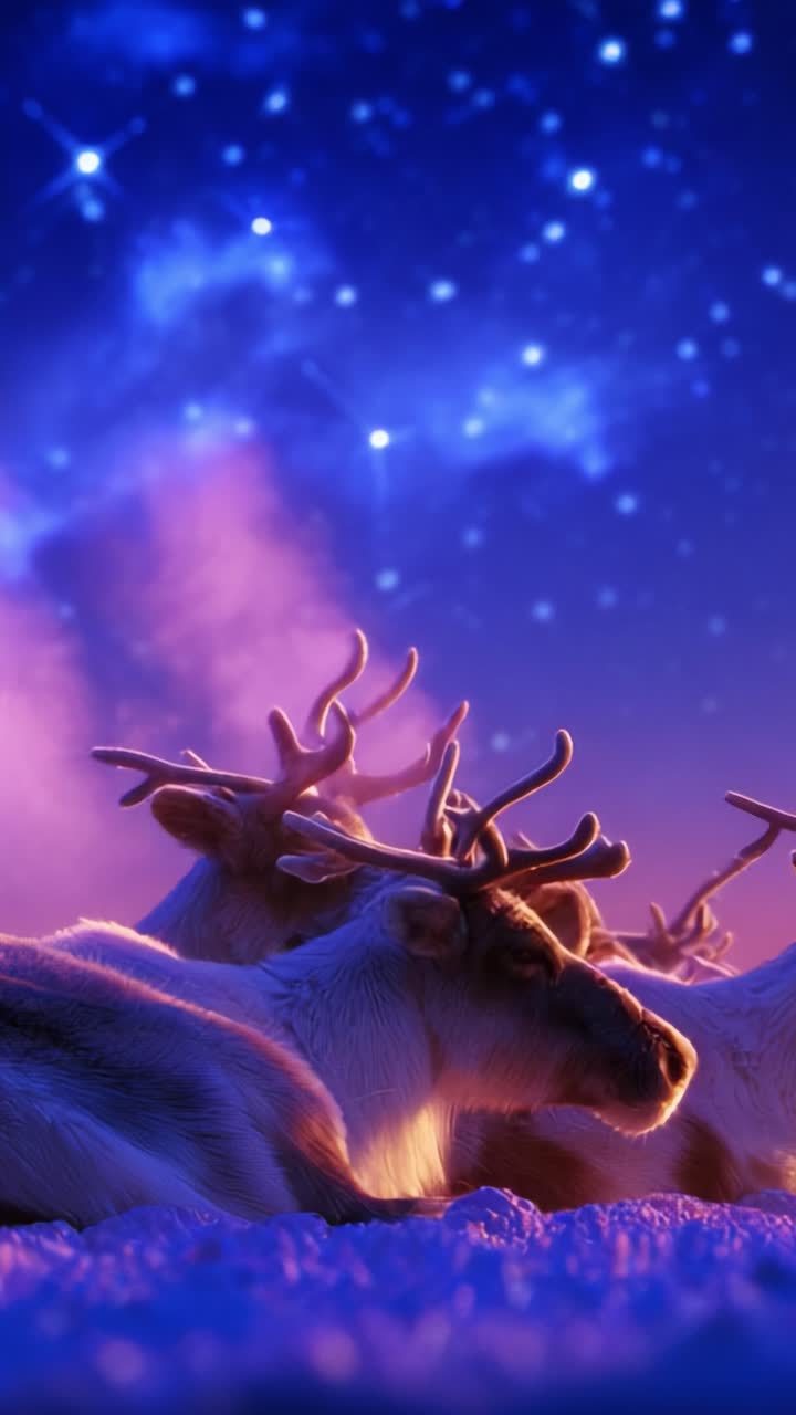 Serene Reindeer Group Resting Under a Starry Sky at Twilight, Enveloped in a Mystical Atmosphere with Soft Snow Covering the Ground and a Beautiful Display of Stars in the Night Sky