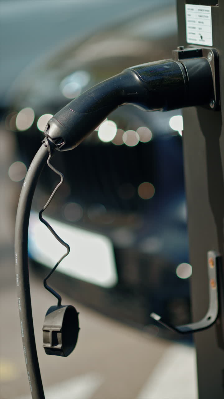 Close-up of electric car charging station with a black car on the background. Vertical