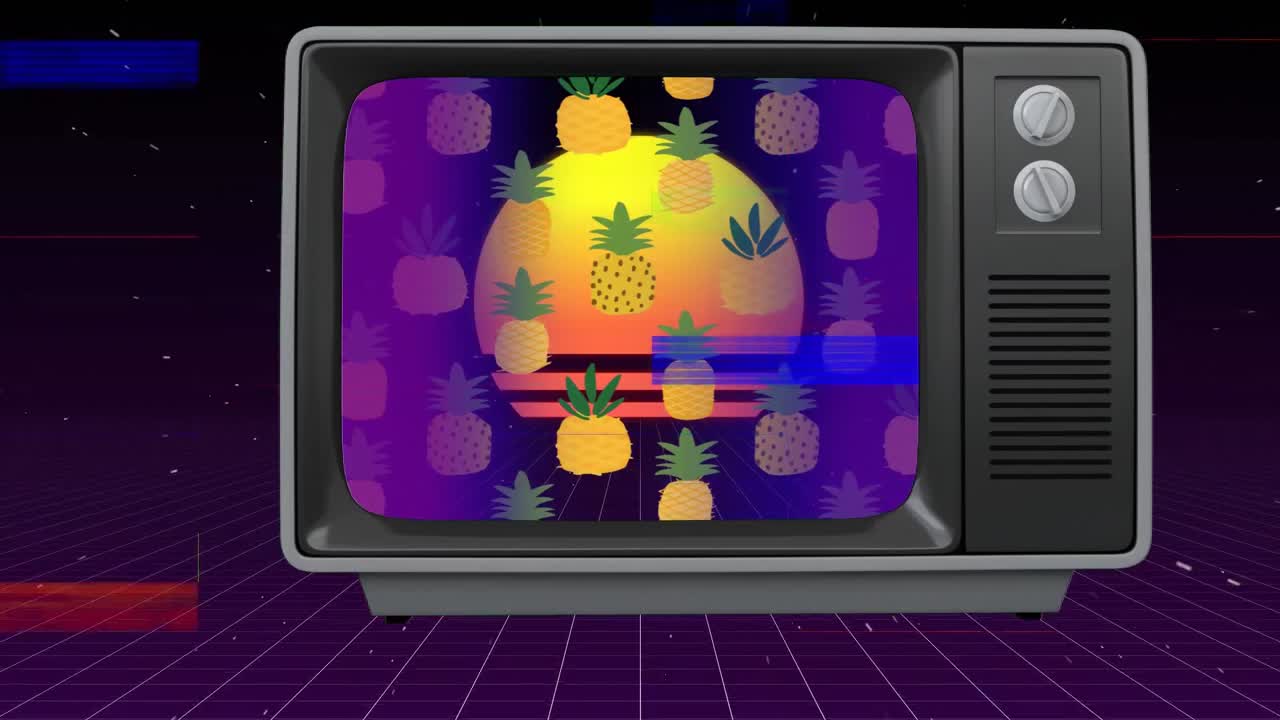 viejo televisor con piña y puesta de sol en la pantalla