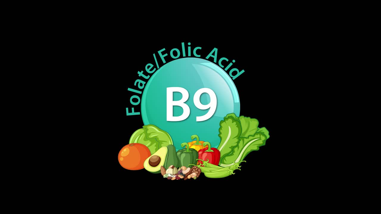 A smooth animation introduces a Vitamin B9 icon, adding folic acid text and assorted vegetables on a black background in a clean, flat style