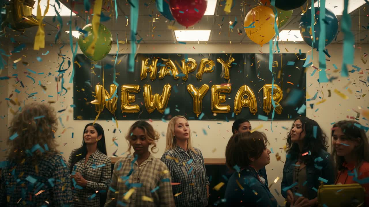Confetti release signaling colleagues celebrating New Year in conference room, gold foil balloons