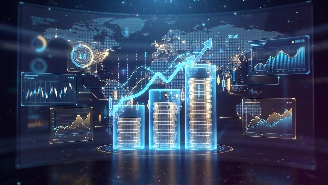 Pile crescenti di monete digitali circondate da una rete di dati finanziari blu in funzione