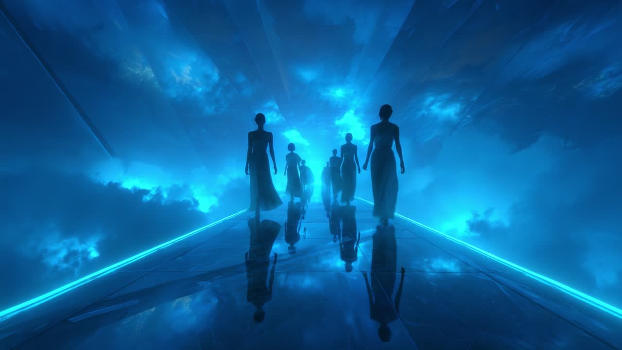 A Surreal Journey of Shadows: Figures Silhouetted Against a Captivating Electric Blue Sky, Traversing a Glowing Path, Embodying Mystery and Intrigue in an Otherworldly Landscape