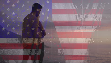 animation of usa flag effect against biracial couple embracing each other at the beach