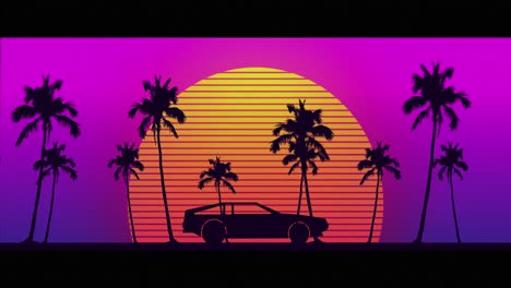 Animación-De-Un-Automóvil-Negro-Conduciendo-Sobre-Un-Sol-Brillante-De-Color-Amarillo-A-Naranja-Con-Palmeras-En-Color-Púrpura